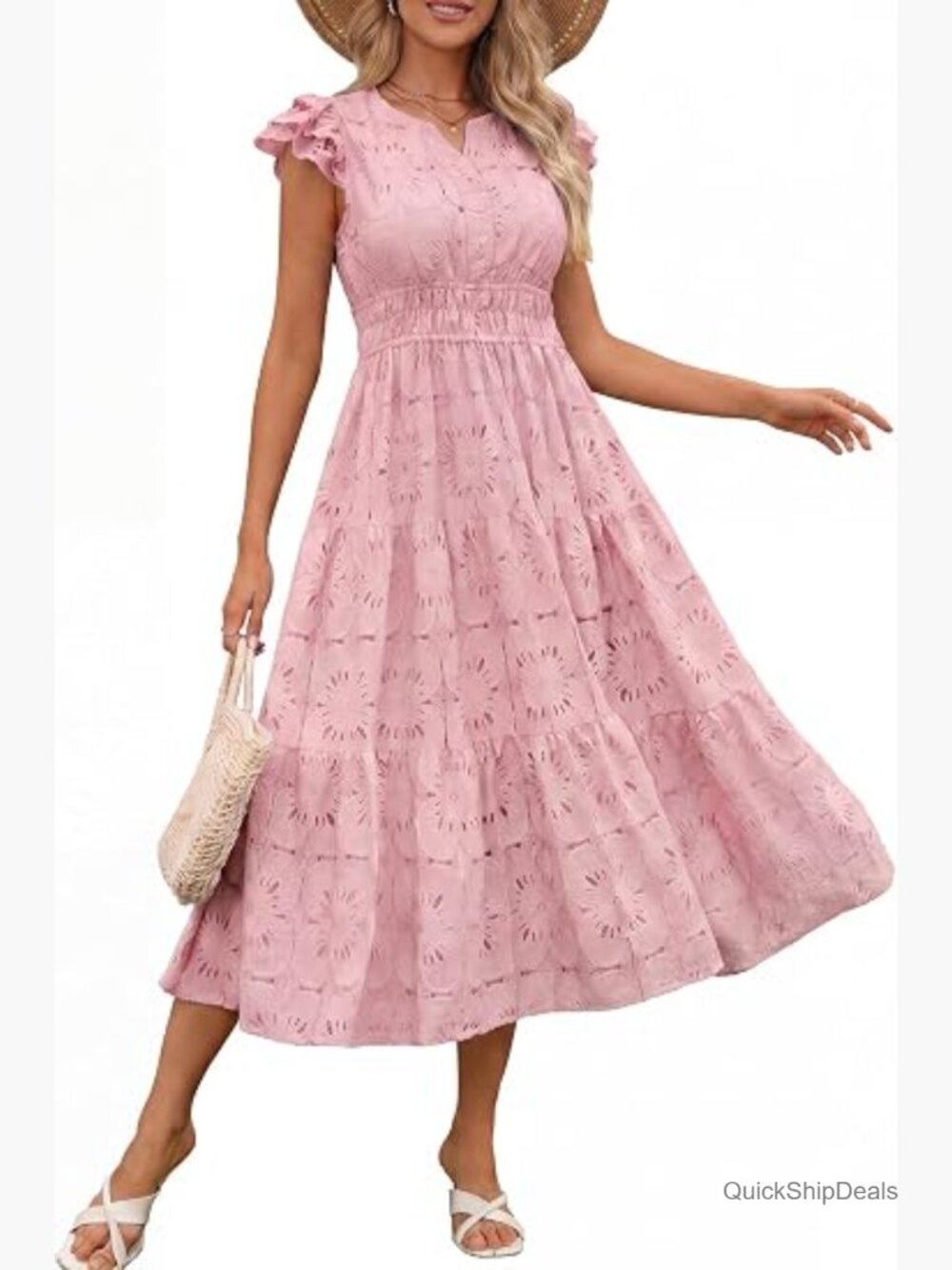 V Neck Tiered Midi Dress Ruffle Sleeve Casual Dress Elastic Smocked Waist Dress